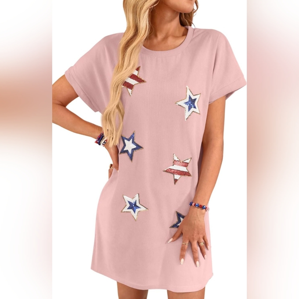 Patriotic Short Sleeve Dress Crewneck Pink with Sequined Stars Size Large